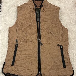 Eddie Bauer Tan Quilted Embroidered Puffer Vest with Black Trim